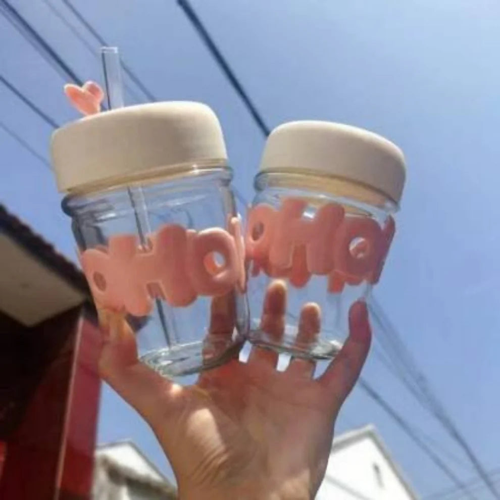 Cute Glass Milk Jar with Straw & Silicone Lid