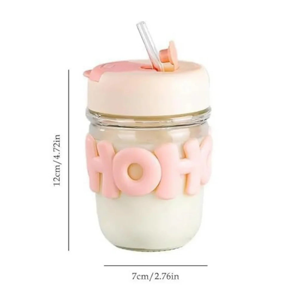 Cute Glass Milk Jar with Straw & Silicone Lid