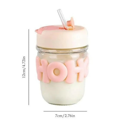 Cute Glass Milk Jar with Straw & Silicone Lid