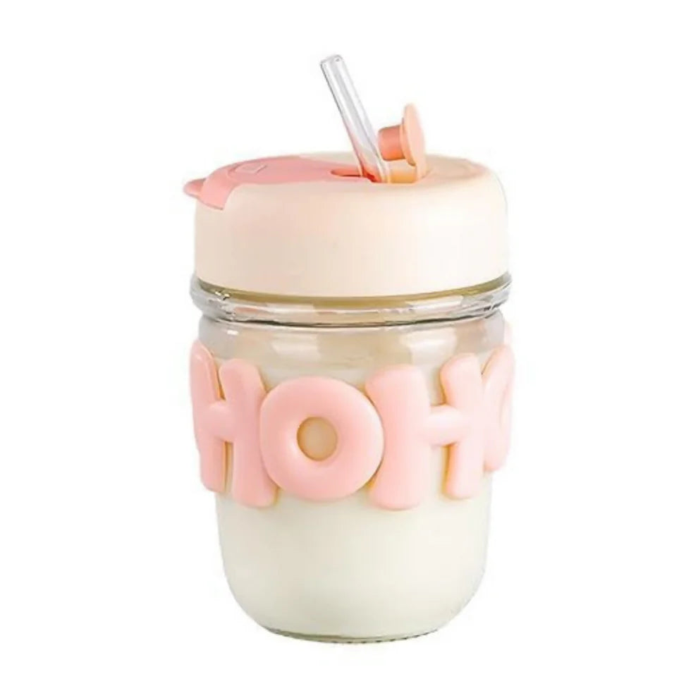 Cute Glass Milk Jar with Straw & Silicone Lid