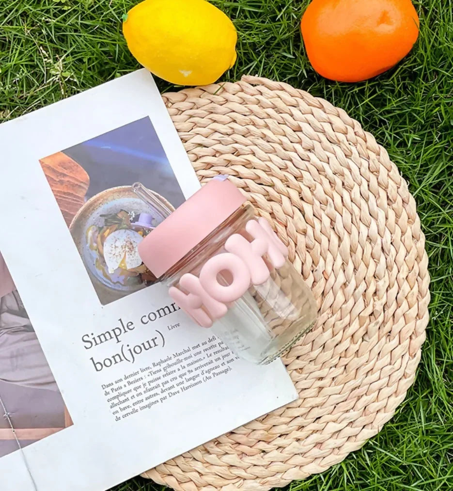 Cute Glass Milk Jar with Straw & Silicone Lid